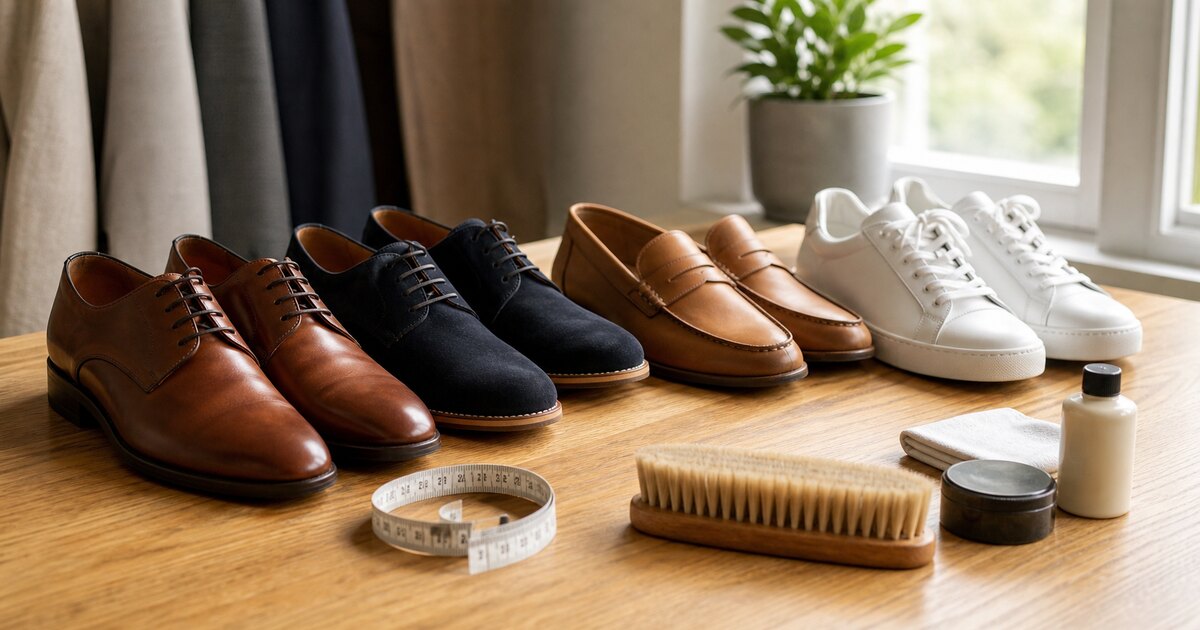Zapatos de varios estilos con cinta de medir y cepillo de cuidado